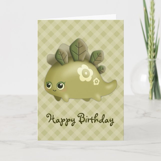 Cute Baby Leafy Dino kawaii creature - Birthday Card (Front)