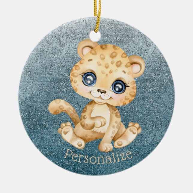 Cute Baby Leopard Blue Glitter Personalize Ceramic Ornament (Front)