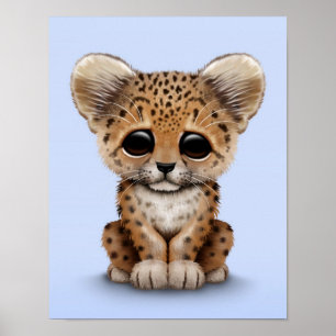 Cute Baby Leopard Cub on Light Blue Poster