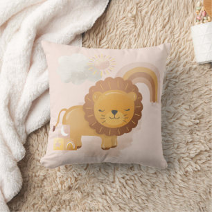 Cute Baby Lion Cub & Boho Rainbow on Pink Throw Pillow