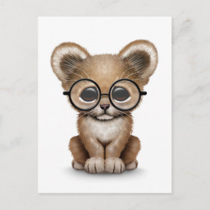 Cute Baby Lion Cub Wearing Glasses on White Postcard