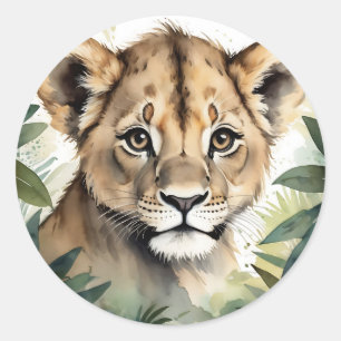 Cute Baby Lion Face Portrait in Jungle Minimalist Classic Round Sticker
