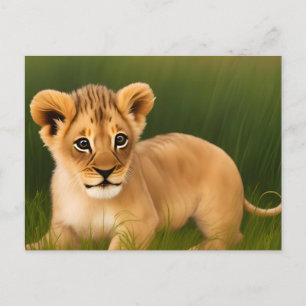 Cute baby lion in the grass postcard