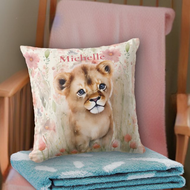 Cute Baby Lion Pastel Watercolor Spring Flowers Throw Pillow (Creator Uploaded)