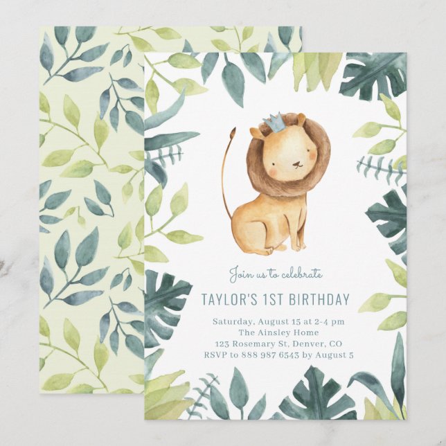 Cute Baby Lion Prince Tropical Jungle Birthday Invitation (Front/Back)
