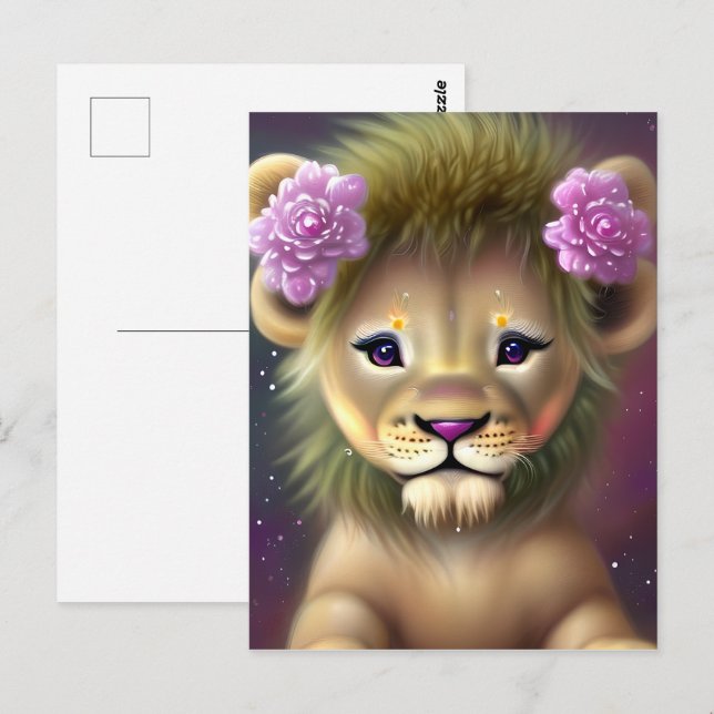 Cute Baby Lion with Pink Flowers Graphic Postcard (Front/Back)