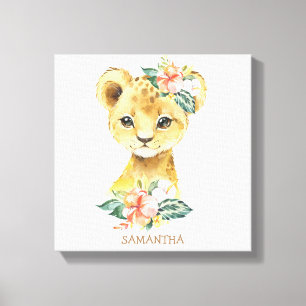Cute baby lion with tropical flowers personalized canvas print