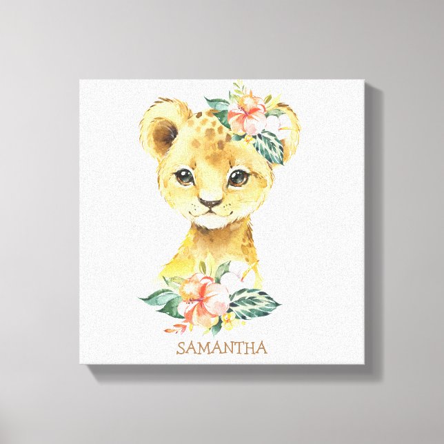Cute baby lion with tropical flowers personalized canvas print (Front)
