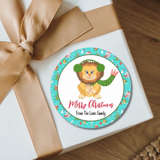 Cute Baby Lion With Zoo Merry Cobalt Teal  Classic Round Sticker (Creator Uploaded)