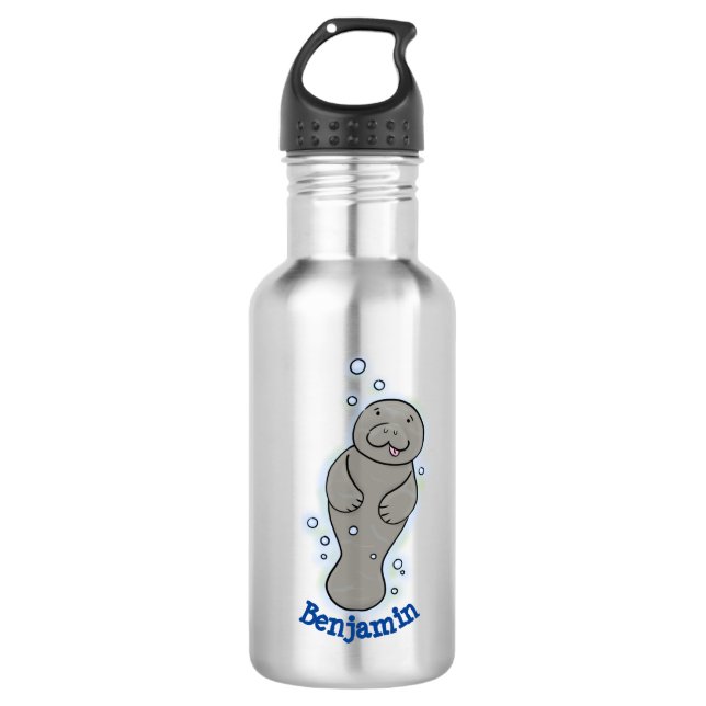 Cute baby manatee with bubbles illustration 532 ml water bottle (Front)