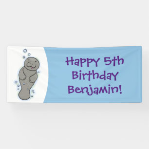 Cute baby manatee with bubbles illustration banner