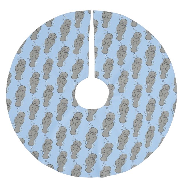 Cute baby manatee with bubbles illustration brushed polyester tree skirt (Front)