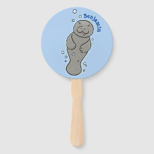 Cute baby manatee with bubbles illustration hand fan