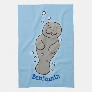 Cute baby manatee with bubbles illustration  kitchen towel