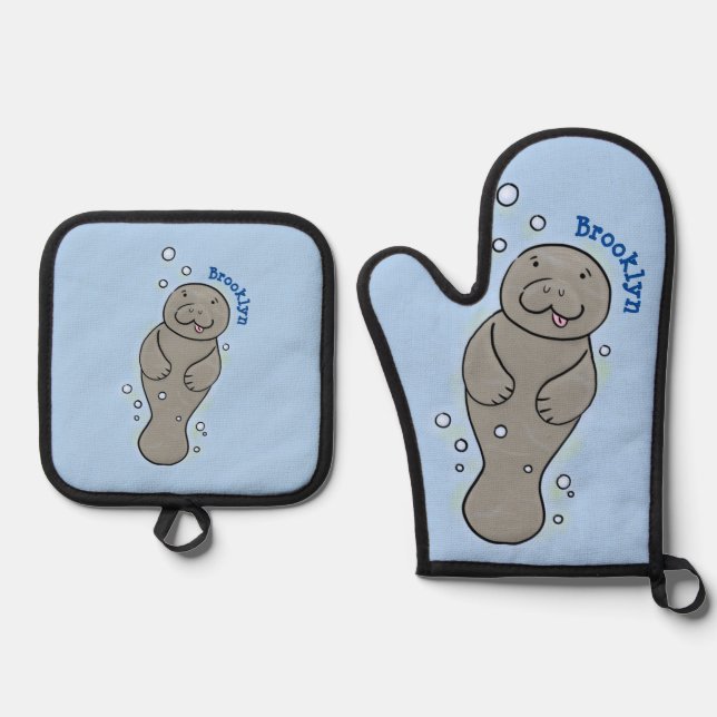 Cute baby manatee with bubbles illustration oven mitt & pot holder set (Front)