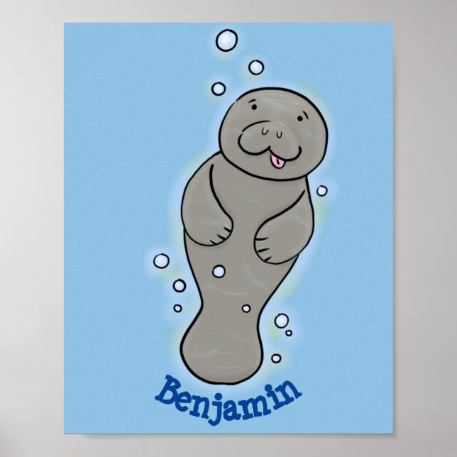 Cute baby manatee with bubbles illustration poster (Front)