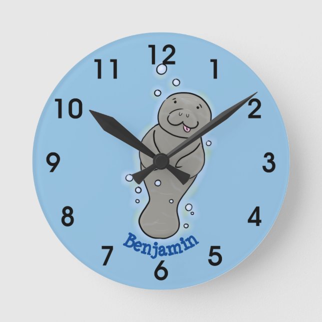 Cute baby manatee with bubbles illustration round clock (Front)