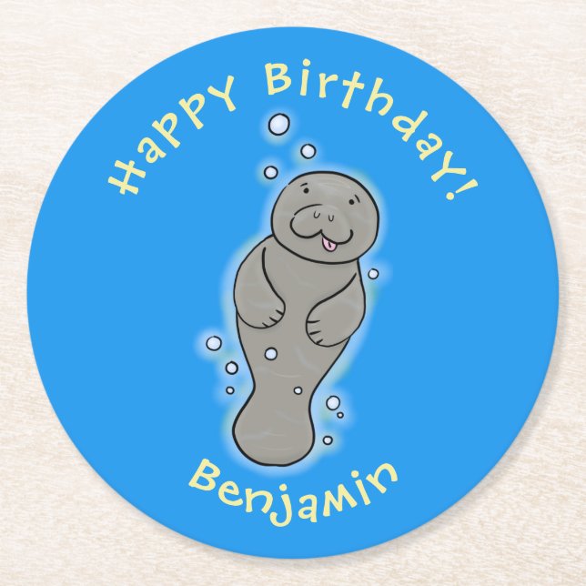 Cute baby manatee with bubbles illustration round paper coaster (Front)