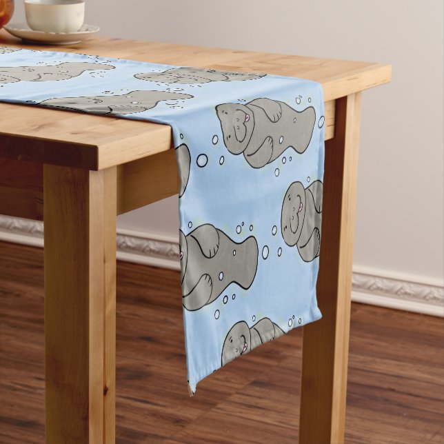 Cute baby manatee with bubbles illustration short table runner (In Situ)