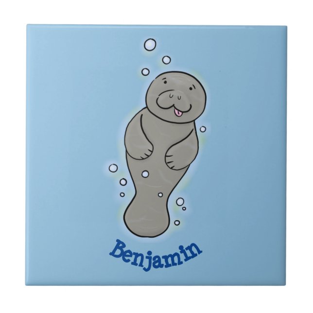 Cute baby manatee with bubbles illustration tile (Front)