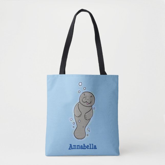 Cute baby manatee with bubbles illustration tote bag (Front)