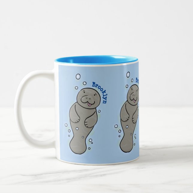 Cute baby manatee with bubbles illustration Two-Tone coffee mug (Left)