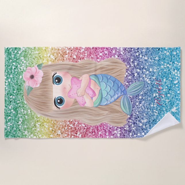 Cute Baby Mermaid,Colourful Glitter Beach Towel (Front)
