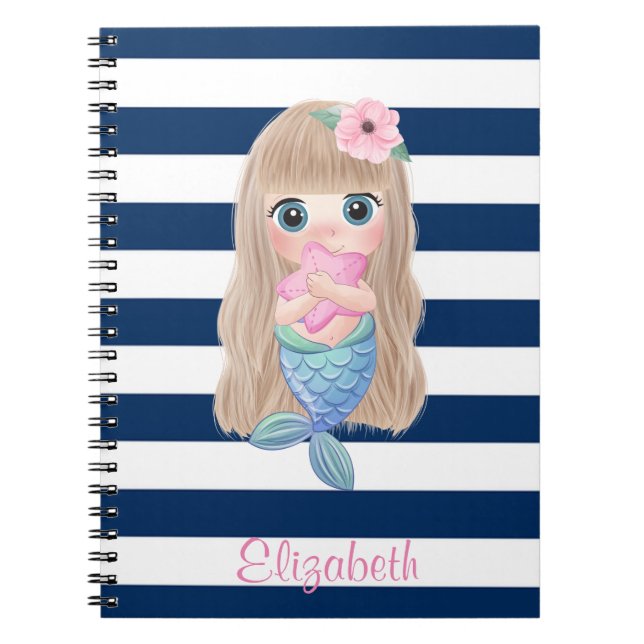 Cute Baby Mermaid Navy Blue Stripes Notebook (Front)