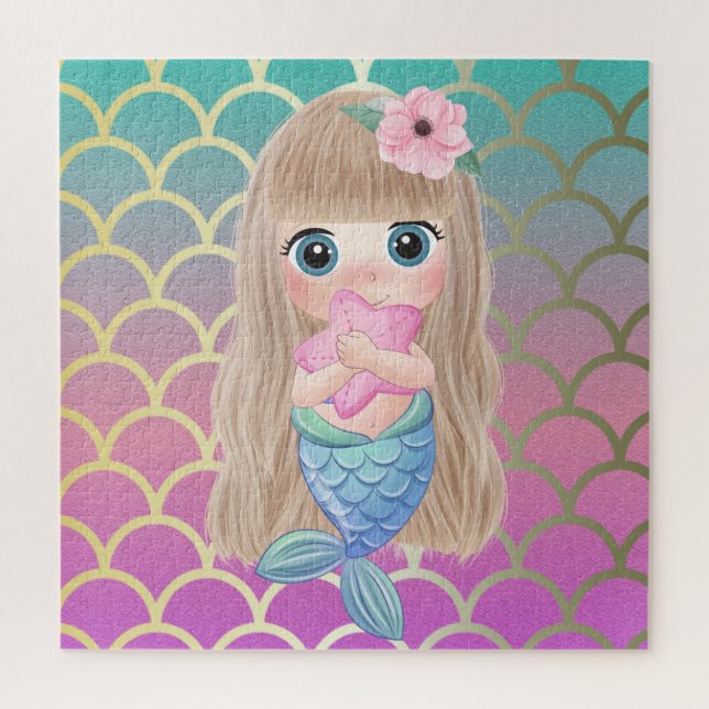 Cute Baby Mermaid Ombre Mermaid Teil Scales Jigsaw Puzzle (Vertical)