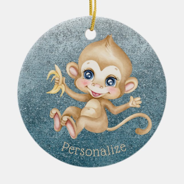 Cute Baby Monkey Banana Blue Glitter Personalize Ceramic Ornament (Front)