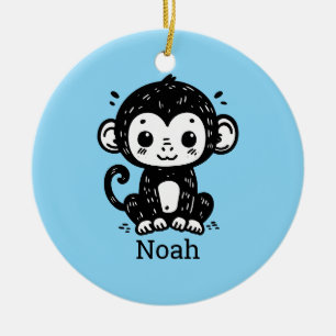 Cute Baby Monkey Drawing - Kawaii Nursery Art Ceramic Ornament