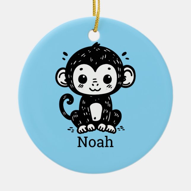 Cute Baby Monkey Drawing - Kawaii Nursery Art Ceramic Ornament (Front)