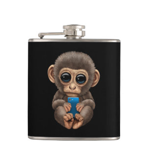 Cute Baby Monkey Holding a Cell Phone Black Hip Flask