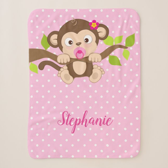 Cute Baby Monkey Pink Polka Dots Sherpa Blanket (Front)