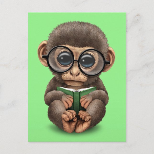 Cute Baby Monkey Reading a Book on Green Postcard (Front)