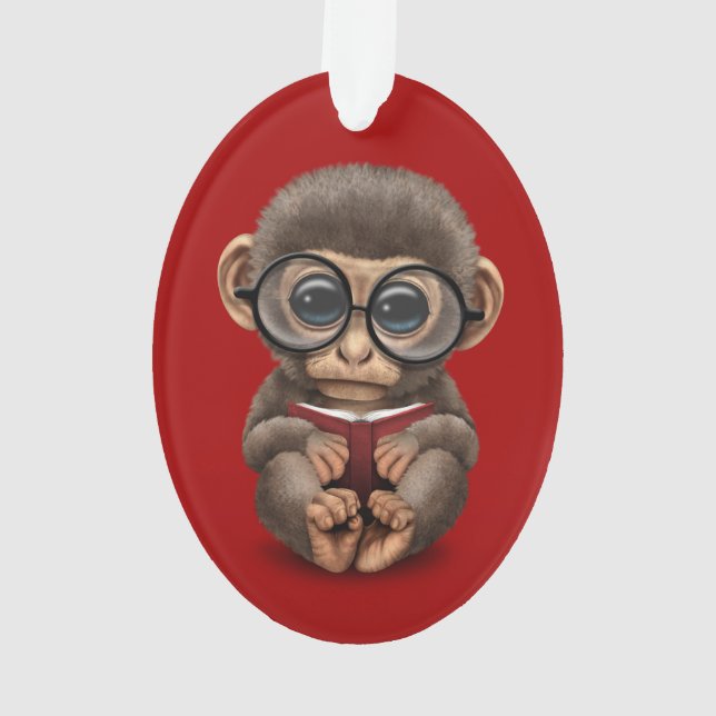 Cute Baby Monkey Reading a Book on Red Ornament (Back)