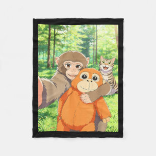 Cute Baby Monkey Selfie with Cat Trending Meme Fleece Blanket