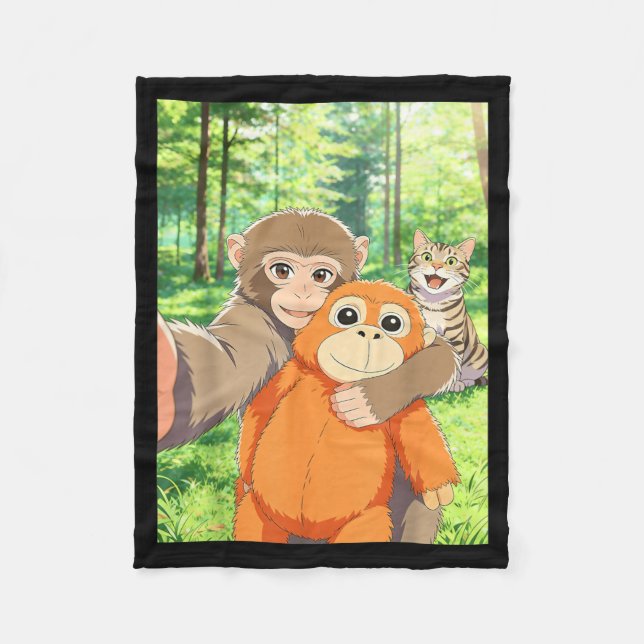 Cute Baby Monkey Selfie with Cat Trending Meme Fleece Blanket (Front)