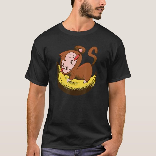 Cute Baby Monkey Sleeps On Yellow Funny Comic Bana T-Shirt (Front)