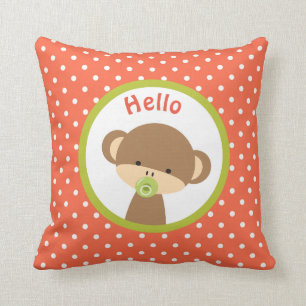 Cute Baby Monkey with a Pacifier on Polka Dots Throw Pillow