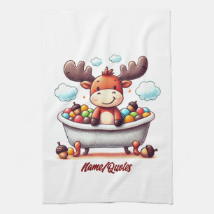 Cute Baby Moose Bath Time Cartoon Illustration Kitchen Towel