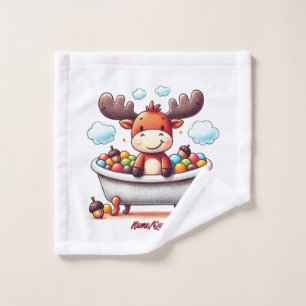 Cute Baby Moose Bath Time Cartoon Illustration Wash Cloth