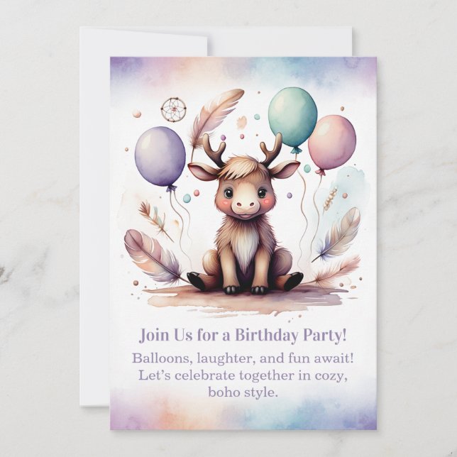 Cute baby Moose Birthday Invitation Woodland Boho  (Devant)