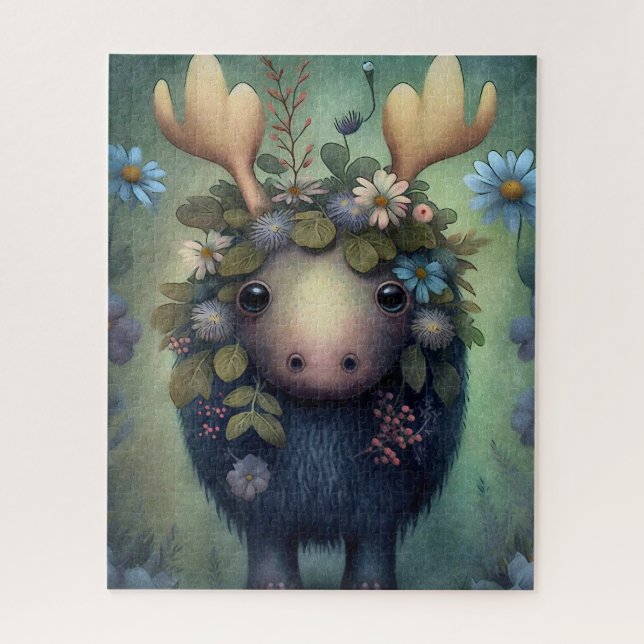 Cute Baby Moose Blue White Flowers Painting Jigsaw Puzzle (Vertical)