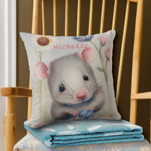 Cute Baby Mouse Pastel Watercolor Spring Flowers Throw Pillow