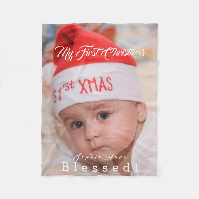 Cute Baby My First Christmas Santa Hat Fleece Blanket (Front)