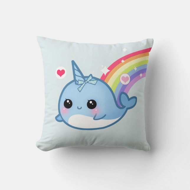 Cute baby narwhal and rainbow throw pillow (Front)