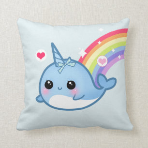 Cute baby narwhal and rainbow throw pillow