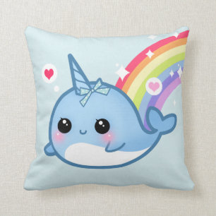 Cute baby narwhal and rainbow throw pillow