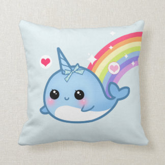 Cute baby narwhal and rainbow throw pillow